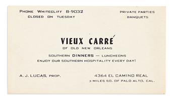 (BUSINESS--RESTAURANTS.) Business card for the Vieux Carré of Old New Orleans, a Black-owned restaurant in California.